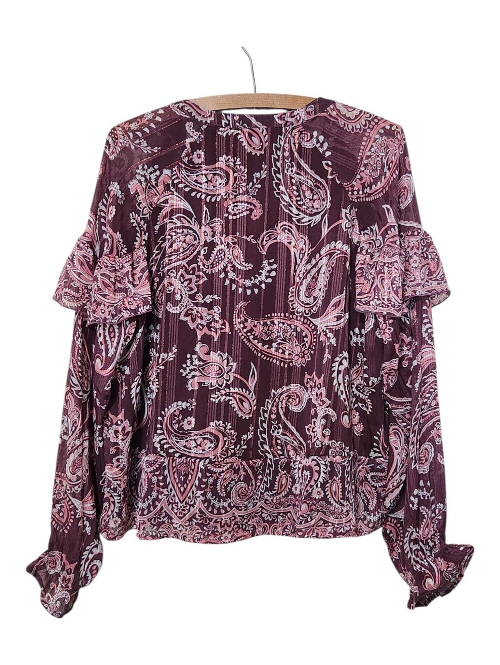 FRYE AND CO. Burgundy and Pink Paisley Ruffle V-Neck Blouse Size Large EUC - Picture 2 of 6